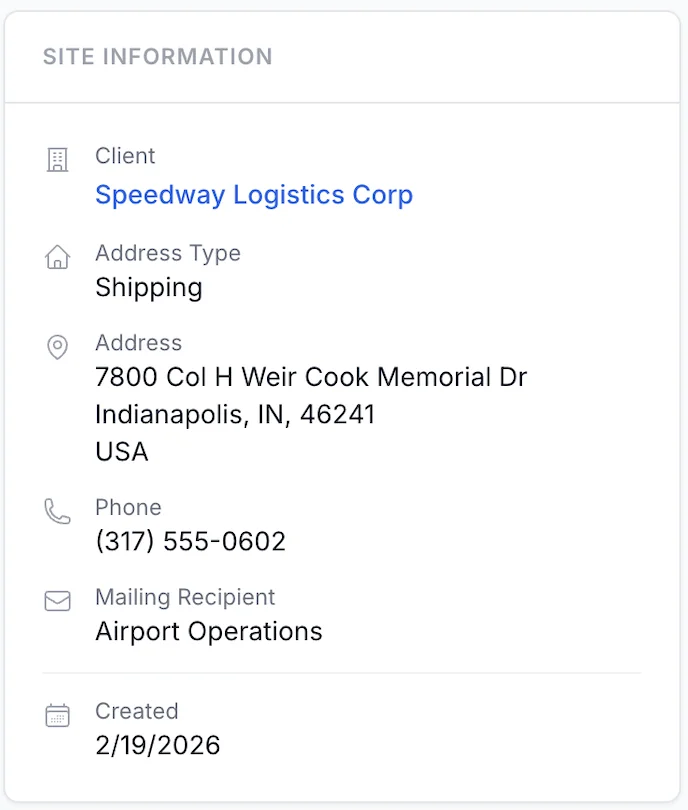 Standara CRM site information card with client, address, phone, and mailing details