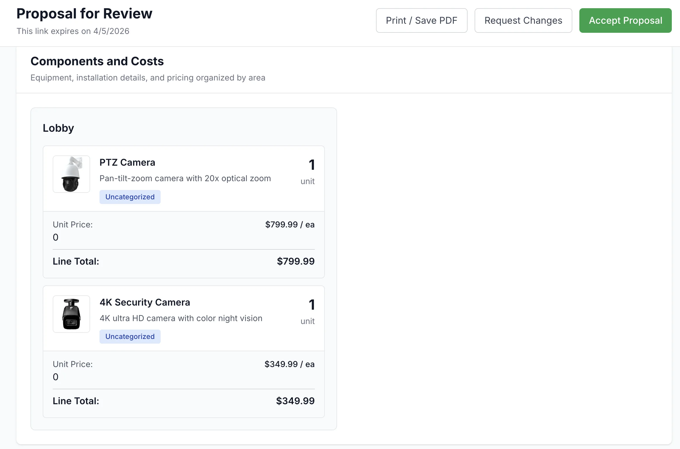 Standara customer portal showing proposal review with components, costs, and accept button