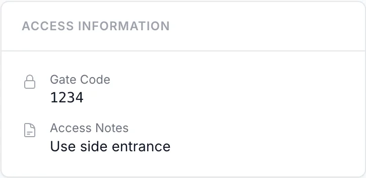 Standara access information card with gate code and notes