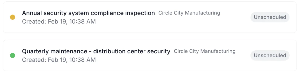 Standara job list showing scheduled security inspections