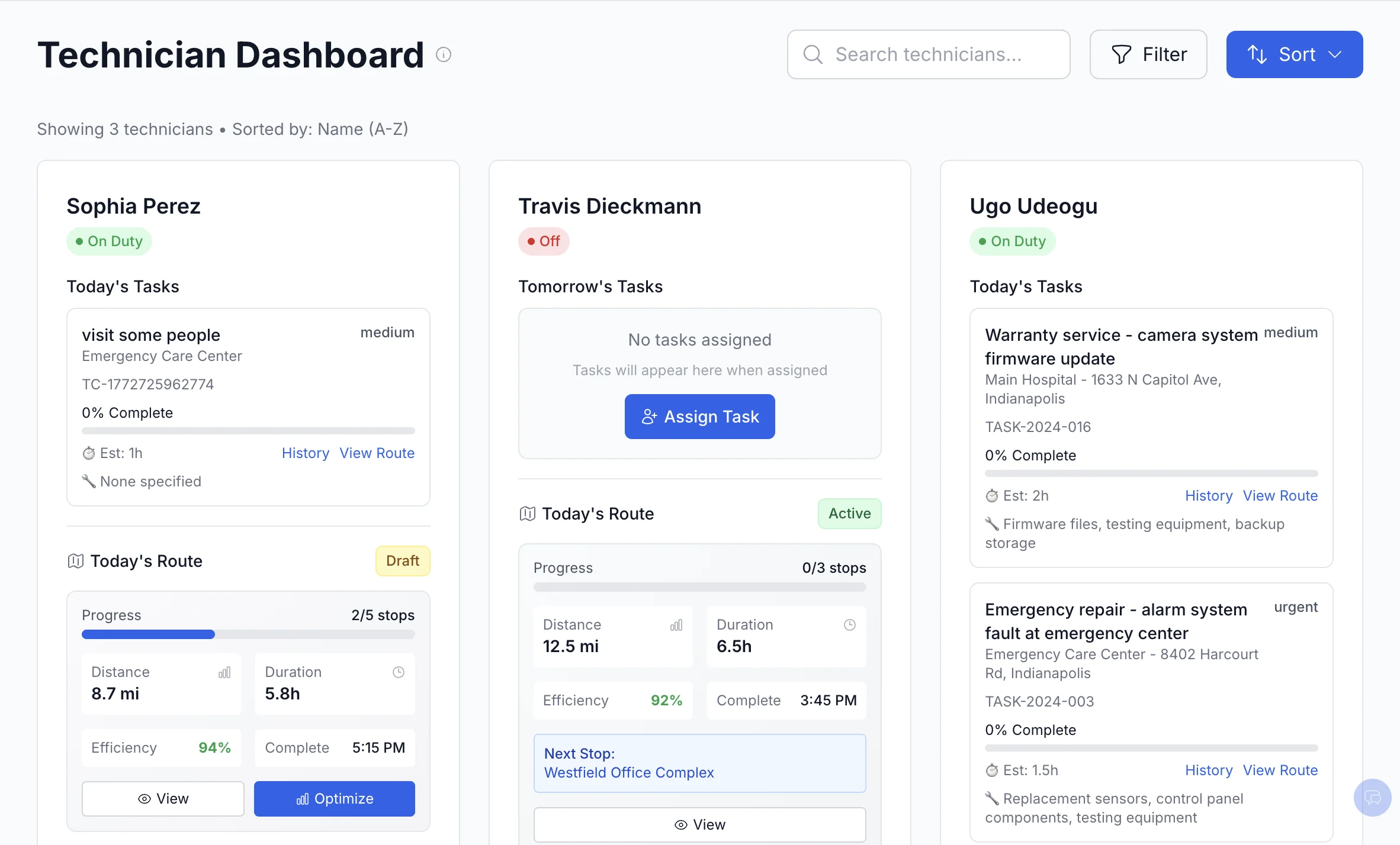 Standara technician dashboard showing technician status, jobs, and route optimization