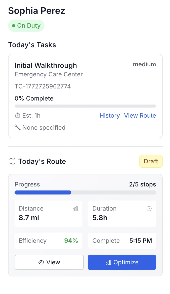 Standara mobile app showing technician jobs and route details