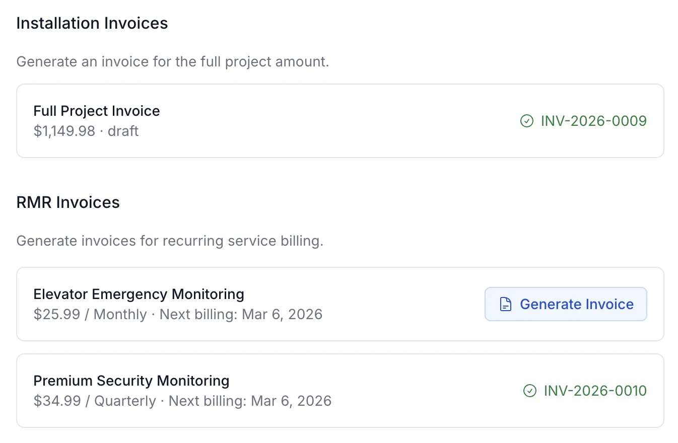 Standara invoice generation with installation and RMR invoices