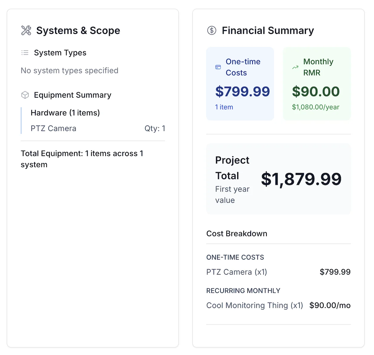 Standara proposal showing systems and scope, financial summary with one-time costs and monthly RMR
