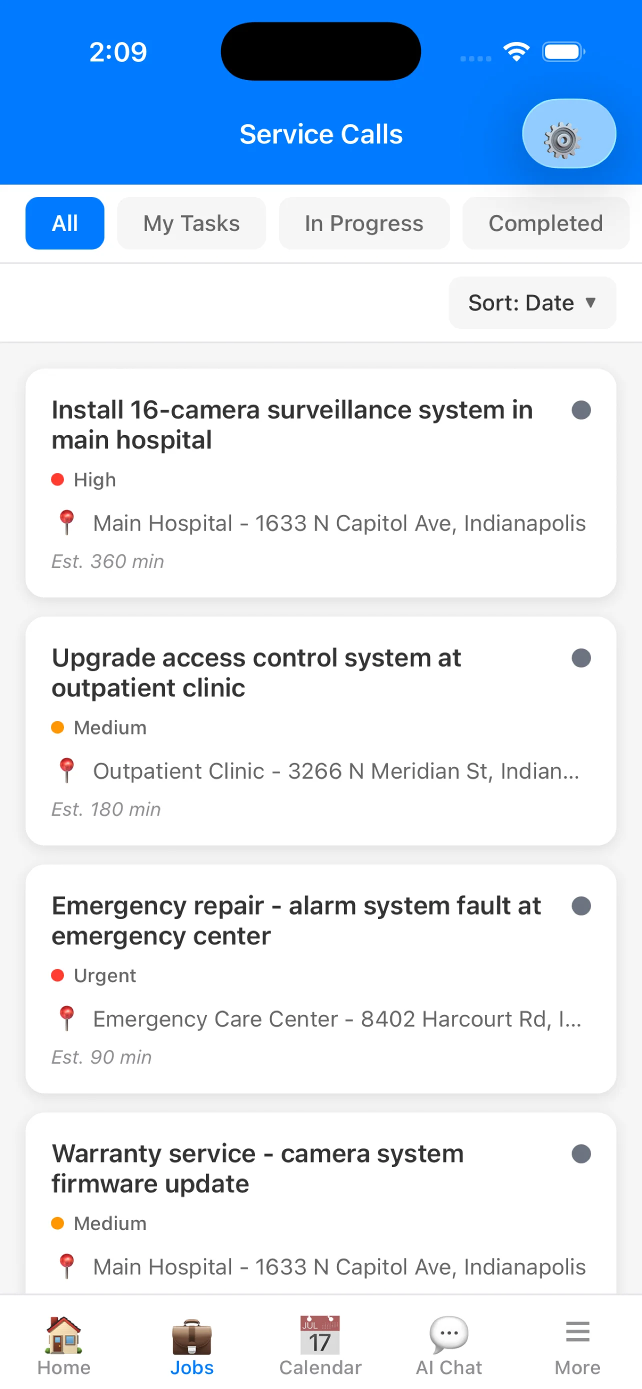 CleanOps mobile app showing service jobs list with priorities and locations